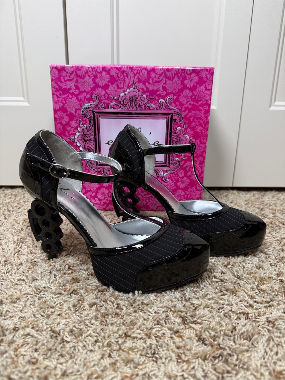 Ellie Black Pinstripe T‑Strap Platform Heels with Brass Knuckle Sculpted Heel